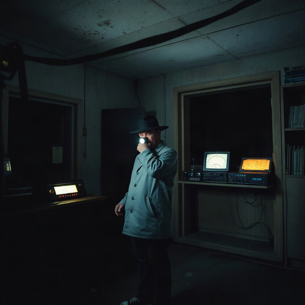 Detective with flashlight in abandoned radio station at night
